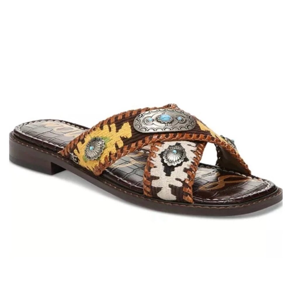 Sam Edelman Brown Multi Leather Embellished Slide Sandals